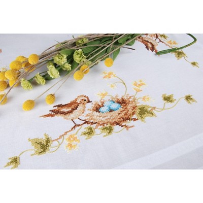 Vervaco Stamped Tablecloth Embroidery Kit 32"X32"-Little Bird in Nest