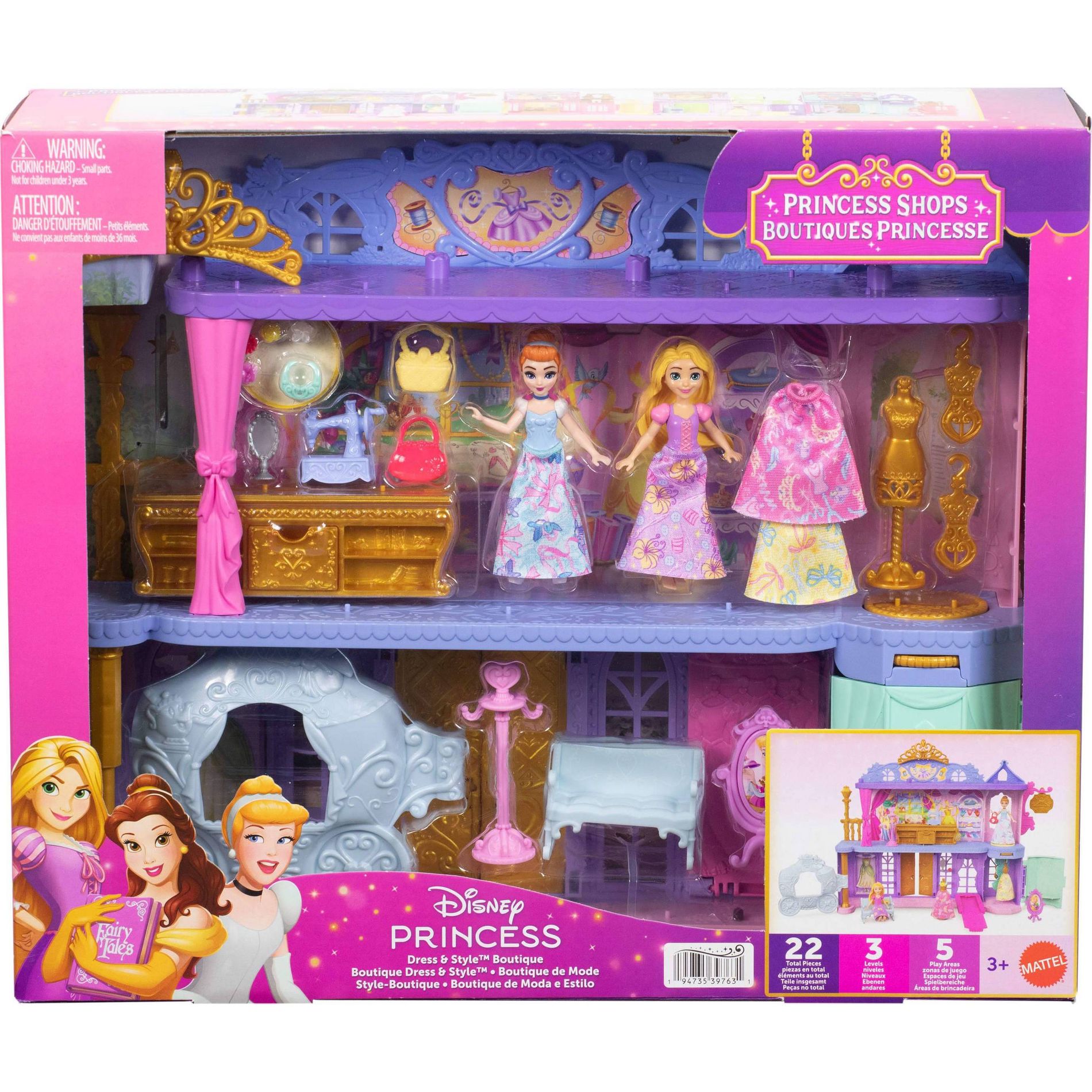 Disney Princess Shops Dress and Style Boutique Playset with 2 Small Dolls Furniture and 16 Accessories