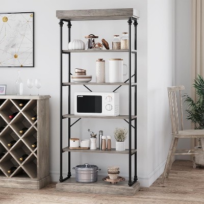 Homhougo 6 Tier Bookshelf Industrial Bookcase Wood Tall Standing Bookshelves Wood Vintage Display Rack Rustic Bookshelf, Gray