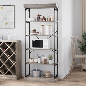 Homhougo 6 Tier Bookshelf Industrial Bookcase Wood Tall Standing Bookshelves Wood Vintage Display Rack Rustic Bookshelf, Gray - 1 of 4
