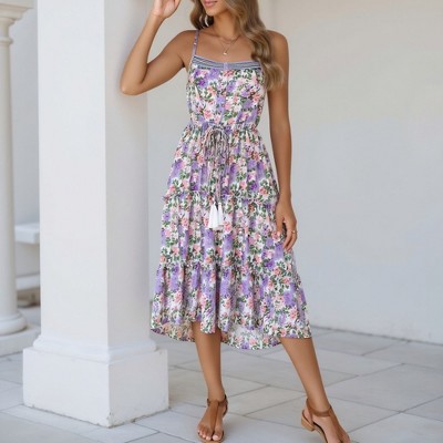 Knit & Lounge Women’s Floral Smocked Waist Tiered Midi Dress Spaghetti Straps Tassel Tie Boho Vacation