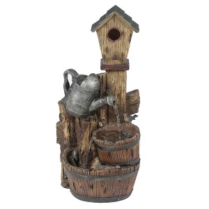 LuxenHome Resin Bird House Post and Water Can Patio Fountain Brown - 1 of 4