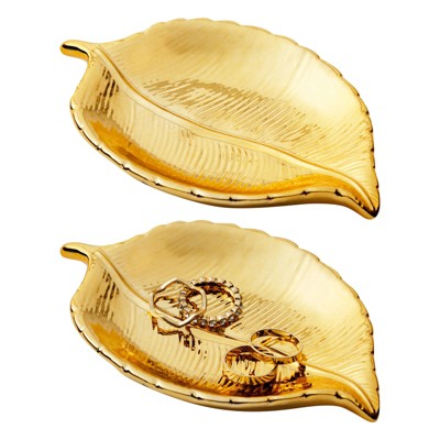 Juvale 2 Pack Leaf Shaped Jewelry Dish Ring Holder, Small Ceramic Trinket Vanity Jewelry Tray, Gold, 5.3 x 3.6 x 0.8 in