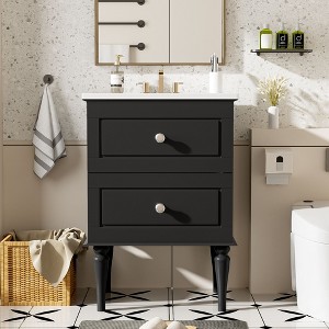 NicBex 24" Modern Bathroom Vanity with Solid Ceramic Sink Combo,Freestanding Vanity with 2 Drawers,MDF Board,4"Pre-drilled Faucet(No Faucet),Black - 1 of 4