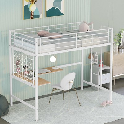 Twin/Full Size Metal Loft Bed with Desk and Metal Grid, Space-Saving Study Bed Frame, White/Black - HABITRIO