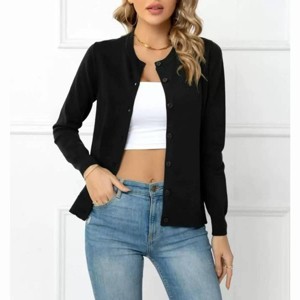Coolmee Women's Button Down Cardigan Long Sleeve Casual Crew Neck Soft Knit Cardigans Sweater Tops - 1 of 2