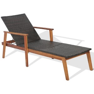 Tangkula Adjustable Patio Rattan Lounge Chair  Recliner Outdoor Chaise Acacia Wood Frame - 1 of 4