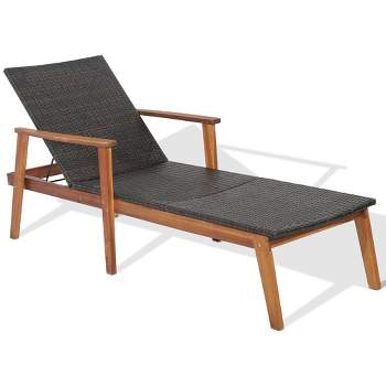 Tangkula Adjustable Patio Rattan Lounge Chair  Recliner Outdoor Chaise Acacia Wood Frame