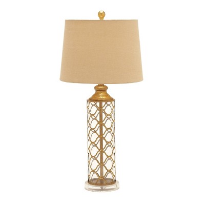 6" x 30" Clear Glass Table Lamp with Lattice Design Tapered Drum Shade Gold/Beige Linen - Olivia & May