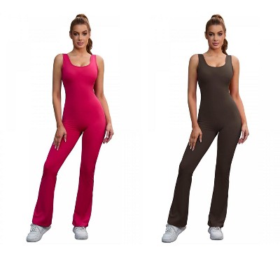 INSPIRE CHIC 2 Pcs Women's Hollow Back Flare Jumpsuits One Piece Long Workout Fitness Full Body Shaper