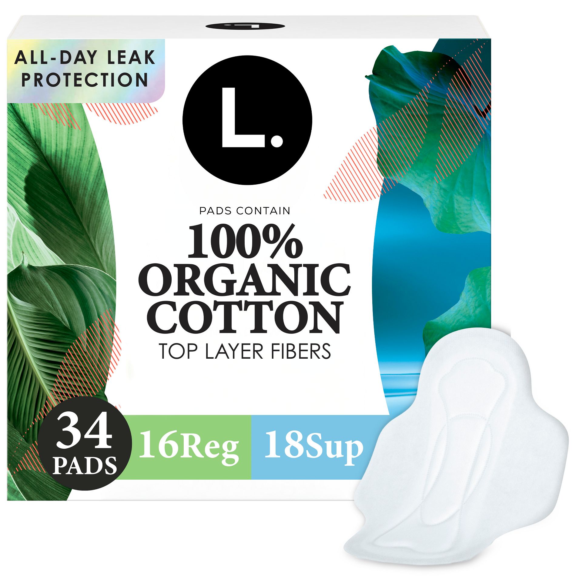 L. Organic Cotton Top Layer Ultra Thin Pads - Regular/Super Absorbency  - 32ct