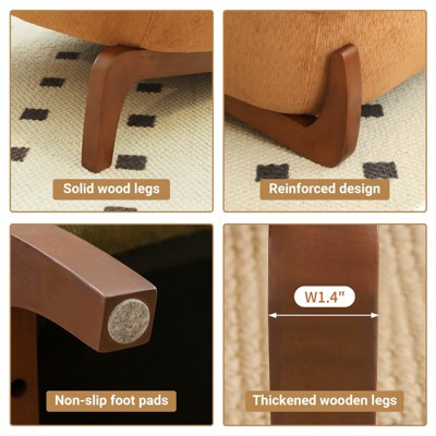 Close-up of chair legs with labels like 'Solid wood legs' and 'Reinforced design'