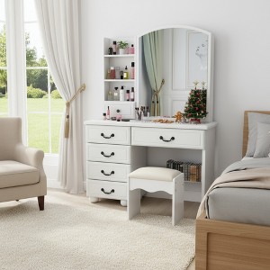 FONTOI 35.4"W Fashion Vanity Desk with Mirror and Chair and Drawers for Woman Makeup and Dressing Room Bedroom, White, 35.43"*15.75"*51.97" - 1 of 4