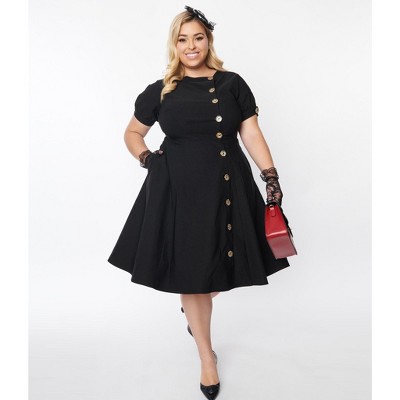 Unique Vintage Women's Plus Button Swing Dress Black 5X/26