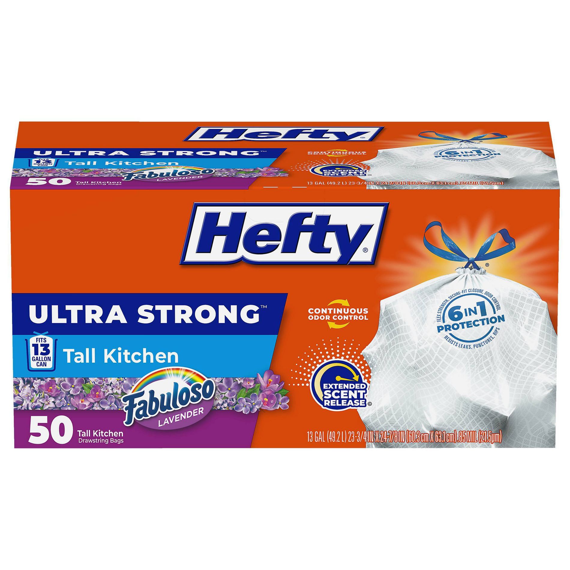 Hefty Ultra Strong Fabuloso Tall Kitchen Trash Bags - 13gal/50ct: Flexible Construction, LDPE Material, Solid Pattern