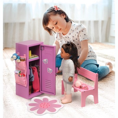 18" Purple and Pink Steel Doll Locker Set with Bench and Rug