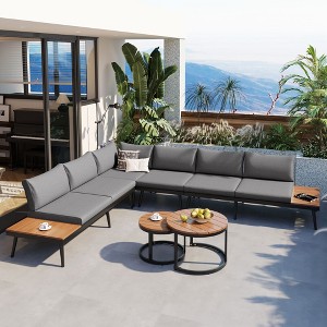 7 PCS Patio Rattan Sectional Sofa Set, Outdoor Conversation Sofa Set with Round Nesting Coffee Tables 4M -ModernLuxe - 1 of 4