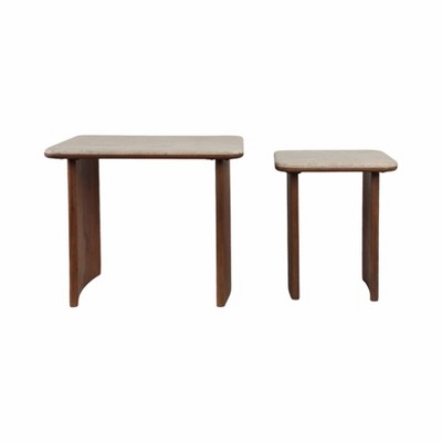 Brown Travertine and Acacia Wood Nested Side Tables Set