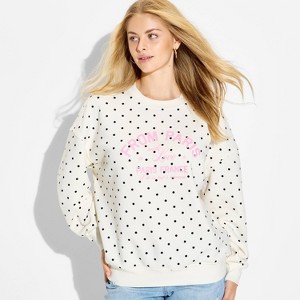Women's Paris Fleece Graphic Pullover Sweatshirt - White Polka Dots - 1 of 3