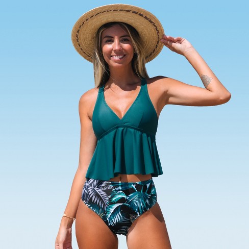 Women's Ruffle Crisscross Back Tie Tankini Set Swimsuit - Cupshe - Green :  Target