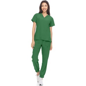 Hey Collection Womens Stretch V-Neck Jogger Scrubs Set, Medical Nursing Tops with Four Pocket Pants - 1 of 4