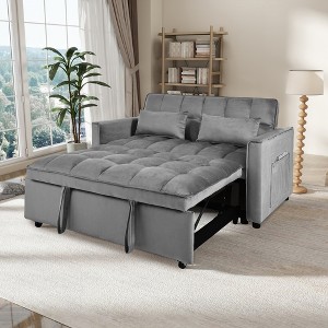 57'' Velvet 3-in-1 Pull Out Reclining Sofa Bed with Pillows, Solid Wood Frame, and Built-In Storage - 1 of 4