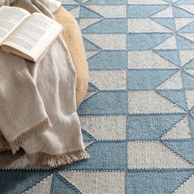 Blue and White Handwoven Cotton Wool Geometric Diamond Rug, 8' x 10'