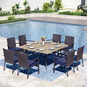 Captiva Designs 9pc Spacious Slat-top Square Metal Table with Umbrella Hole & Armrest Rattan Chairs with Cushions - 1 of 4