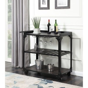 Industrial Rolling Bar Cart - Wood & Iron Frame with Bottle Rack, Stemware Storage, Handle & Locking Casters in Distressed Charcoal Finish - 1 of 4
