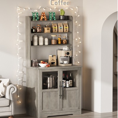 Farmhouse 2 Glass Door Bakers Rack with Power Outlet, Thickened Counter, Wooden Kitchen Storage Cabinet with Large Storage, Easy Assembly