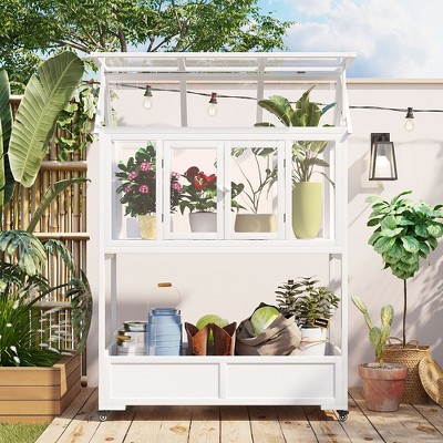 GDFStudio Tommy Garden Wood Potting Bench with Openable Roof and Movable Wheels