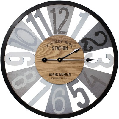 Sorbus 24" Decorative Round Analog Wall Clock Featuring Woodley Park Station Text, Rustic Modern Farmhouse Style, Wooden, Metal