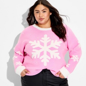 Women's Snowflake Festive Graphic Sweater - Pink - 1 of 3
