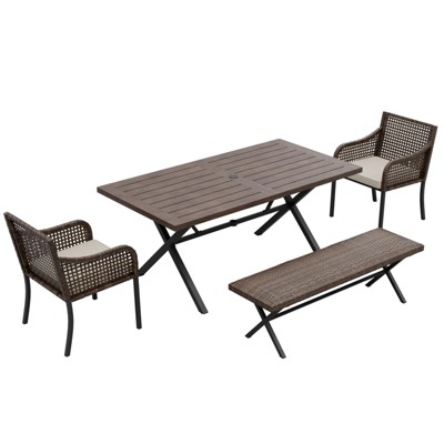 EAGLE PEAK Sienna Bay 4PCS Patio Wicker Dining Set w/ Soft Cushions Umbrella Hole
