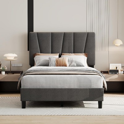2 Pieces Modern Bed Frame, Twin Platform Bed Frame with Adjustable Headboard, Linen Upholstered Bed Frame, Bedframe with Sturdy Wooden Slats Support