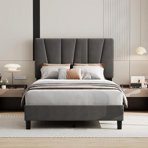 2 Pieces Modern Bed Frame, Twin Platform Bed Frame with Adjustable Headboard, Linen Upholstered Bed Frame, Bedframe with Sturdy Wooden Slats Support - 1 of 4