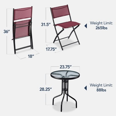 Burgundy 3-Piece Black Steel and Glass Patio Bistro Set