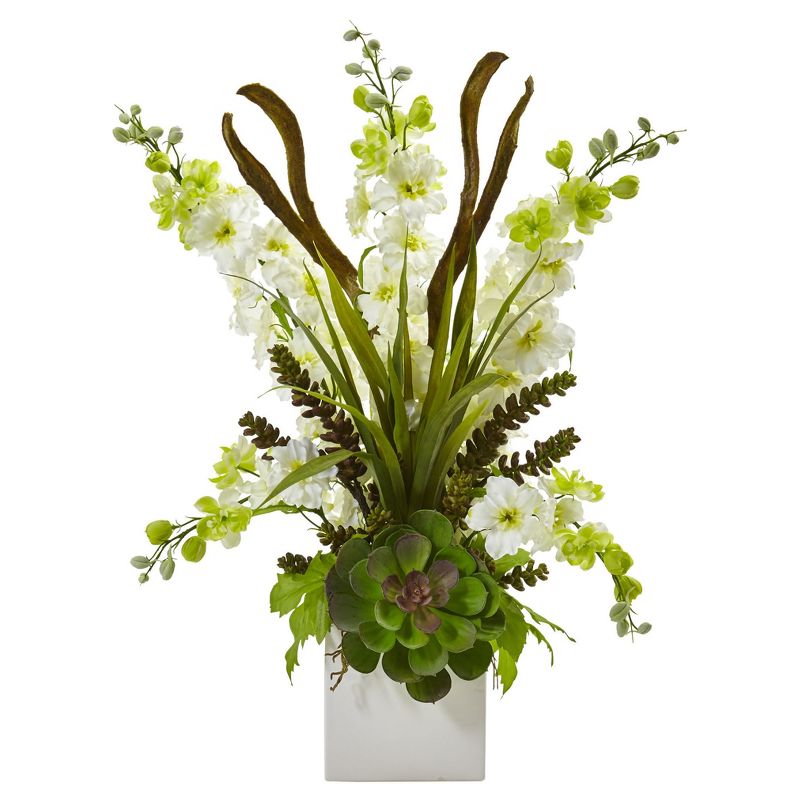 Delphinium & Succulent Arrangement White - Nearly Natural, 1 of 5