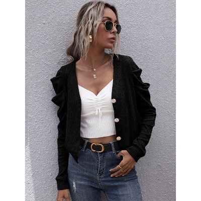 Women Cardigan Slim Fit V-Neck Short Knit Cardigan Lamb Leg Sleeves