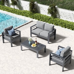 LayinSun Outdoor Aluminum Furniture Set, 4 Pieces Patio Sectional Conversation Chat Sofa Modern Seating Set with Coffee Table - 1 of 4