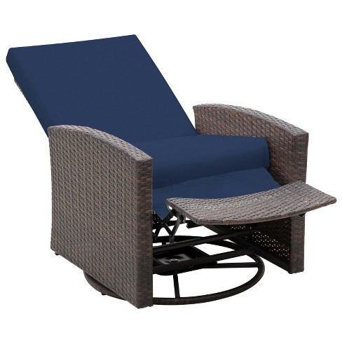 Btmway Indoor and Outdoor PE Wicker Outdoor Rocking Chair with Navy Blue Cushion, Rocker Recliner Chair for Porch, Patio Garden