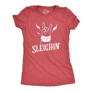 Womens Sleighin T Shirt Funny Santa Claus Christmas Rock And Roll Metal Fingers Graphic Tee - Crazy Dog Women's T Shirt - 1 of 4
