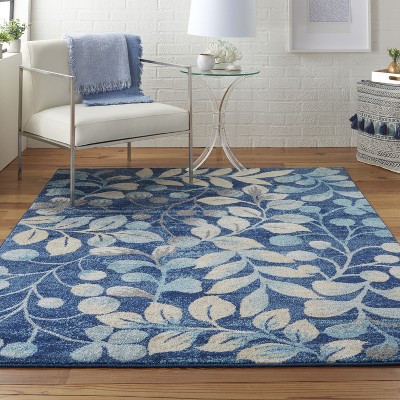 Elegant Navy Floral 5'3" x 7'3" Synthetic Easy-Care Area Rug