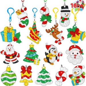 Joyfy Christmas Tree Decorations,16 Pcs Christmas 5D DIY Diamond Art Ornaments Craft Kit with Keychains, Kids Xmas Party Favors - 1 of 4