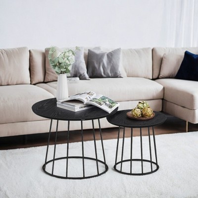 Set of 2 Modern Round Coffee Tables - Circle Side Tables with Steel Frame for Living Room and Bedroom