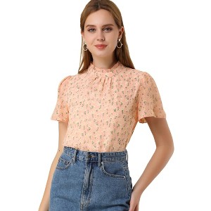 INSPIRE CHIC Women's Ruffle Neck Short Sleeves Keyhole Back Floral Blouse - 1 of 4