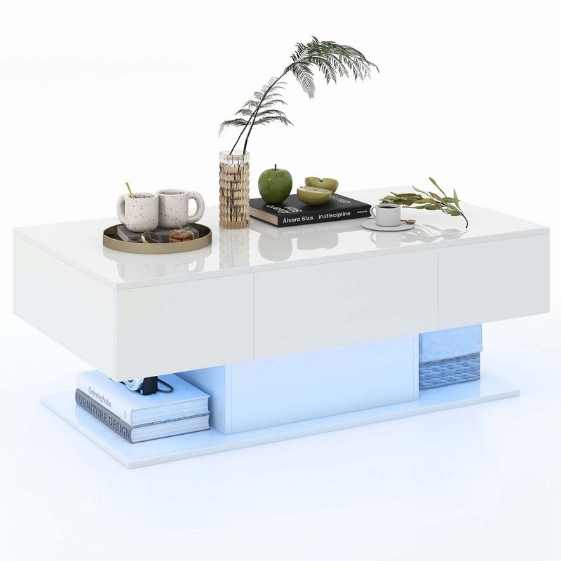 Costway LED Coffee Table with 2 Drawers 20-Color Dimmable LED Lights & Remote Control White/Black, 1 of 11