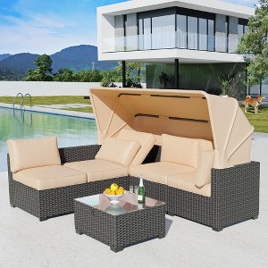 Whizmax 6 Pieces Outdoor Patio Sectional Sofa Couch, Brown PE Wicker Furniture Conversation Sets with Beige Cushions & Glass Coffee Table - 1 of 4