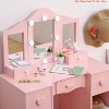 Kids Vanity Set w/ Tri-Fold Mirror, 2-in-1 Wooden Makeup Desk & Stool, Princess Pretend Play Dressing Table w/ Drawer - 4 of 4