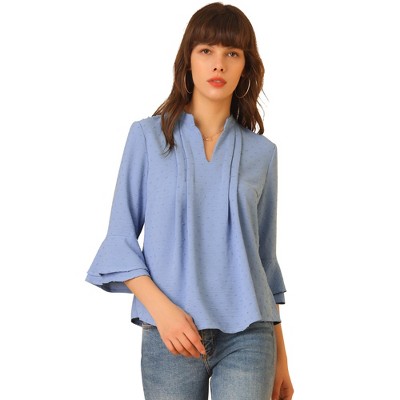 INSPIRE CHIC Women's Ruffle 3/4 Bell Sleeve Top V-Neck Casual Swiss Dots Blouse Shirts